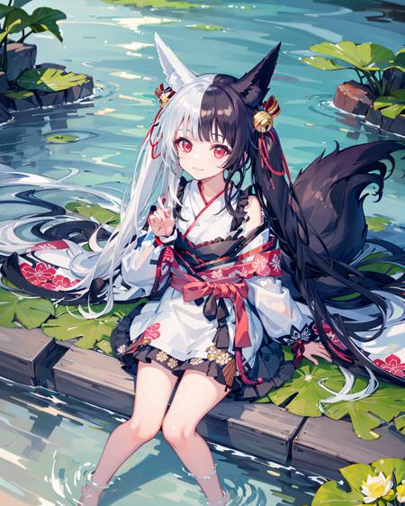 50334-1982198877-1girl,solo,fox_ears,alicemanabell, ,_light smile, ;3,sitting,water,river,barefoot,from_above,lotus, leaf,depth of field,kimono,.png